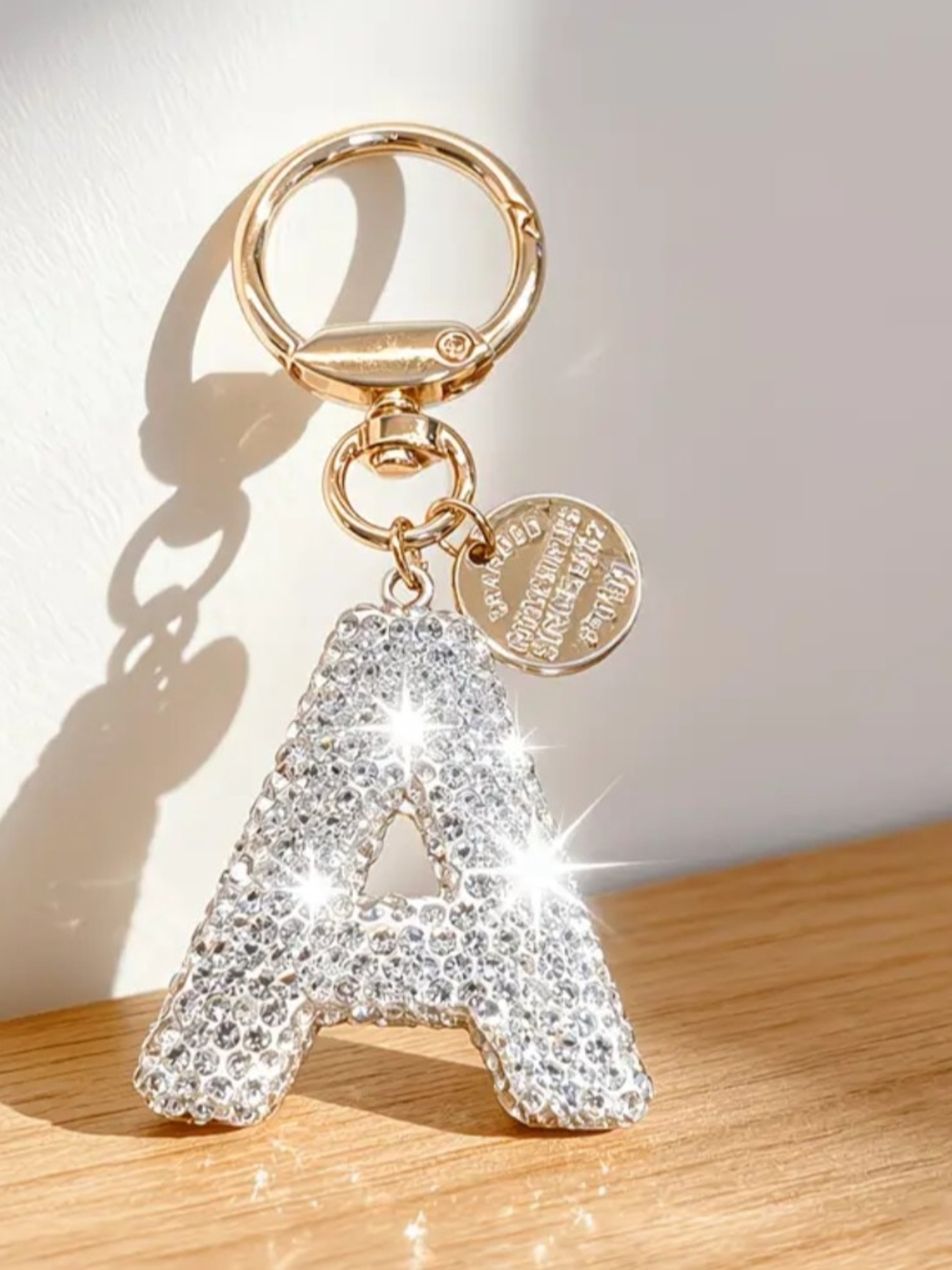 Sparkling Gold & Crystal Letter A Keychain Charm.  A - Z
